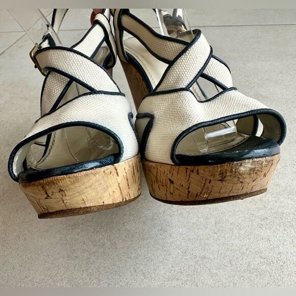 Yves Saint Laurent White/Navy Blue Canvas Deauville Cork Wedge Sandals Size 39 - Picture 6 of 10